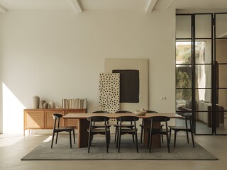 Modern dining room with wooden table and black chairs