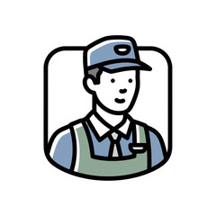 A simple line art icon of a male service worker wearing a uniform with a cap and apron.