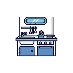 Illustration of a modern kitchen with cooking appliances and utensils.