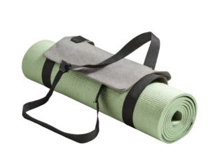 Rolled light green yoga mat with gray carrying case and straps