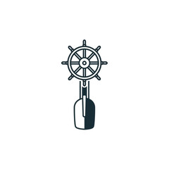 Obraz premium A stylized illustration featuring a ship's wheel atop a boat, presented in a simple, graphic style.
