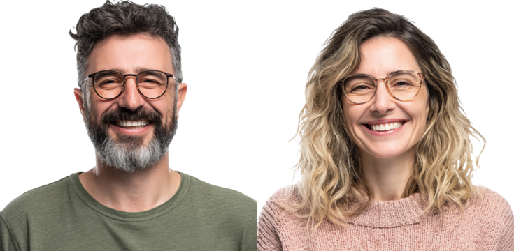 Joyful Expressions of a Smiling Man and Woman with Stylish Glasses