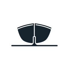Simple icon depicting a small, dark-colored boat at rest on calm water.