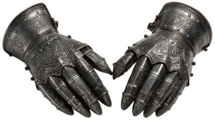 Pair of ornate metallic gauntlets