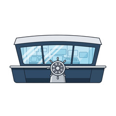 A front view illustration of a ship's bridge or wheelhouse, featuring a large steering wheel and expansive windows. © mbak