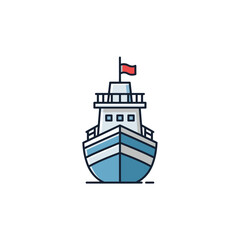 A simple, flat icon of a blue and white ship with a red flag, viewed from the front on a white background.