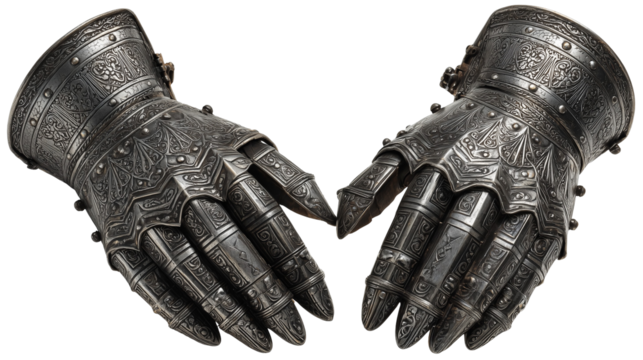 Pair of ornate metallic gauntlets