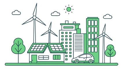 Green Energy Cityscape Illustration: Sustainable Living and Renewable Resources                                                                       