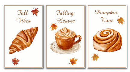Watercolor croissant, coffee cup with cream, and cinnamon roll with autumn leaves. Cozy fall posters in warm tones, perfect for seasonal wall art, kitchen decor, greeting cards.