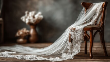 A delicate wedding veil cascades onto a lace-detailed wooden chair,