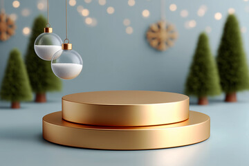 Golden round pedestal with golden stars and baubles. Luxury New Year’s Eve podium scene. Mock up the pedestal.