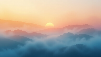 Obraz premium Serene mountain landscape at sunrise with fog, creating a dreamy and peaceful atmosphere, perfect for travel and naturethemed backgrounds and wallpapers