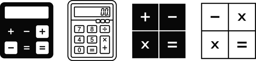 Calculator icons and math symbols in various styles, addition, subtraction, multiplication, equals, mathematics, education, vector silhouette, outline design graphics