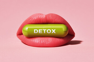 A large green capsule with the inscription "Detox" is clamped between the lips. Caring for health and getting rid of excess. The idea of ​​inner purity and natural attractiveness.
