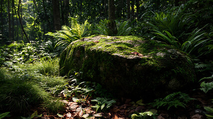 Sunlit Moss-Covered Rock Amidst Lush Green Forest Foliage