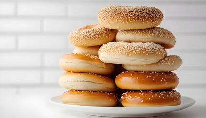 Stack of assorted bagels on plate against light background.