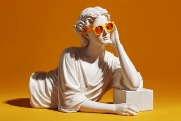 Marble statue of a woman in antique style wearing modern fashionable glasses sitting in a relaxed pose on a yellow background. Concept of style and fashion. Summer vacation on the seaside.