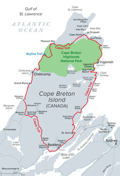 Map of the Cabot Trail, on Cape Breton Island, in the Nova Scotia province of Canada. Cabot Trail highlighted in red, a scenic highway passing along and around the Cape Breton Highlands National Park.