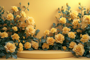 Cylinder podium with yellow roses on a light background. Empty round stand. Mock up the pedestal.	