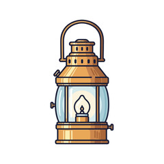 Illustration of a vintage brass lantern with a visible flame inside, on a white background.