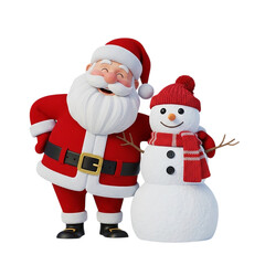 3d icon of cheerful santa claus character with a friendly snowman, both wearing festive hats and scarves, isolated on transparent background for holiday celebrations