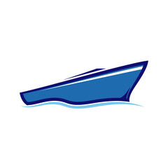 Stylized illustration of a blue speedboat on water.