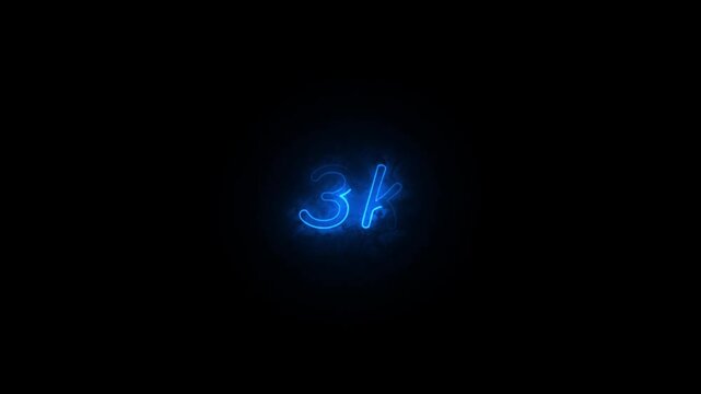 glowing neon 3K text animation on black background. 3k Followers Celebration text animation.