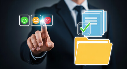 Business Professional Evaluating Feedback Through Digital Interface in Modern Office Environment