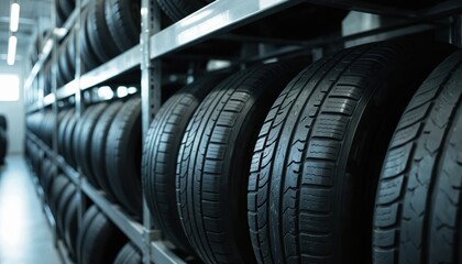 New automobile tires neatly arranged on metal racks inside tire warehouse. Rubber tire tread pattern, automotive shop, dealership, service, car maintenance, storage. Black spare wheels, vehicle parts.