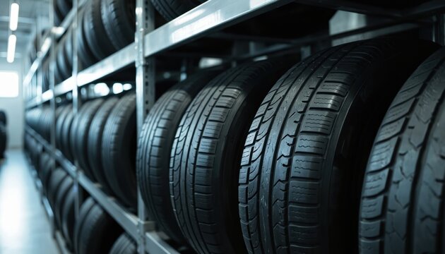 New automobile tires neatly arranged on metal racks inside tire warehouse. Rubber tire tread pattern, automotive shop, dealership, service, car maintenance, storage. Black spare wheels, vehicle parts. - Powered by Adobe