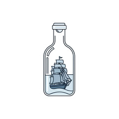 Line art illustration of a ship inside a glass bottle, filled with water, against a white background.