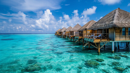 A row of overwater bungalows with thatched roofs in clear turquoise water under a cloudy blue sky