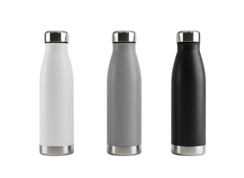 Three insulated stainless steel water bottles displayed in white, gray and black colors Isolated on transparent background

