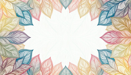 Abstract floral frame with colorful leaves and delicate patterns, Elegant floral design with a symmetrical layout and vibrant watercolor-style leaves