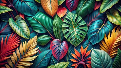 Vibrant tropical leaf arrangement in a creative floral pattern