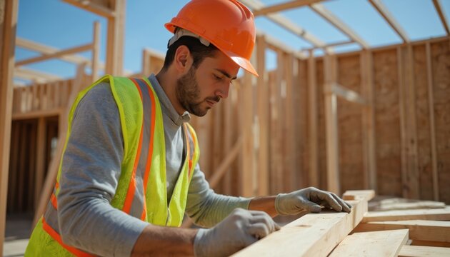 Carpenter in hard hat, safety vest works on construction site framing new house. Focused craftsman uses skill to measure wood plank. Pro worker ensures quality building. - Powered by Adobe