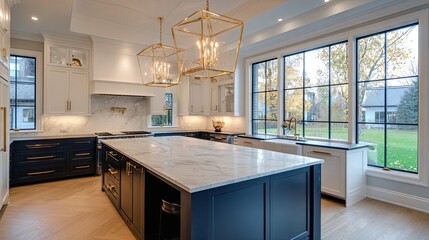 Elegant modern kitchen interior with marble island, gold lighting fixtures, and large panoramic windows
