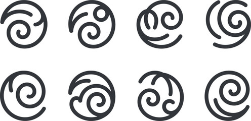 Abstract swirl icons: eight minimalist line art designs, modern style.