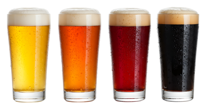 Four pints of beer showing different colors and styles Isolated on transparent background

