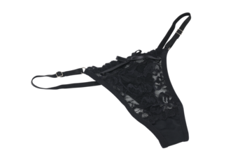 Women's sexy black thong panties on a white background. 
