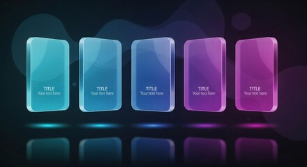 Glassmorphism five steps infographic template with sample text