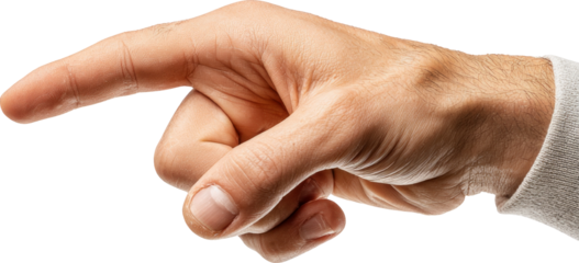Close-up of an outstretched hand with index finger pointing forward against white background