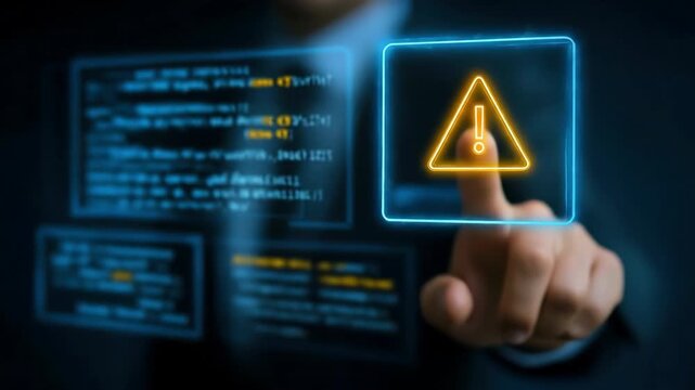 A warning alert cybersecurity, computer code, digital interface, technology risk, caution symbols, data protection, security, hacker threats, person touching virtual warning icon, highlighting mod