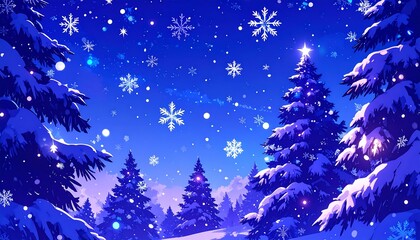 Winter forest at night, snowing