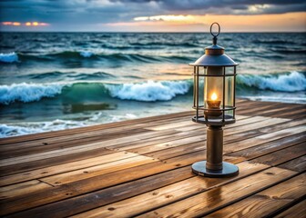 Obraz premium A metal lamp standing alone on a wooden deck with waves gently lapping at its base