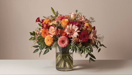 Fototapeta premium A bouquet of flowers in a glass vase in various colors sits on a table against a bright wall. An elegant spring floral arrangement.