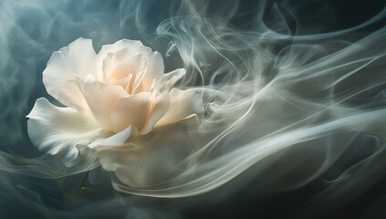 A rose with smoke swirling around it, creating an ethereal and dreamy atmosphere. The rose is in full bloom, its petals gently swaying as the light casts soft shadows on them. In the background