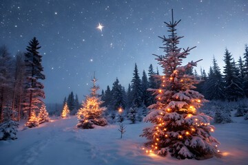 Enchanted Snowy Forest at Night with Illuminated Christmas Trees and Starry Sky winter