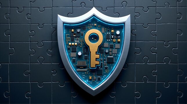 Futuristic shield with golden key and circuit board on puzzle background. - Powered by Adobe