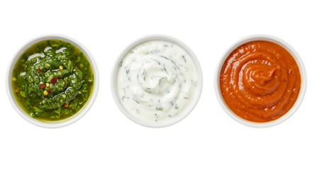 Overhead view of three gourmet dipping sauces presented in white ceramic bowls Isolated on transparent background

